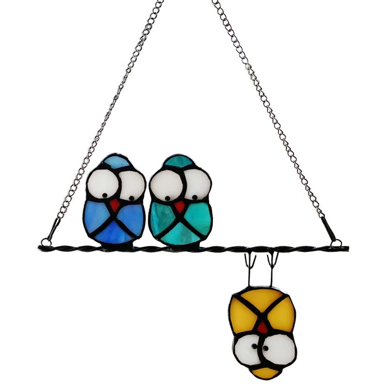 Multicolor Owl on a Wire Stained Glass Window Hanging Bird Suncatcher for Windows Panels Hangings Hummingbird Ornament Decoration for Wall Home Garden Decor Bird Gift for Owl Lovers