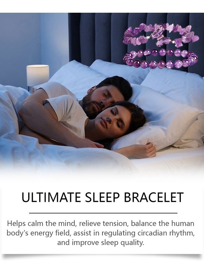 Natural Stones Moonstone Amethyst Crystal - Blessing Bracelet, Bringing Good Luck, Health, Courage and Strength,Lovers Butterfly Amethyst Bracelet, Folding Strap, Gifts for Men and Women 2PCS - Image 3