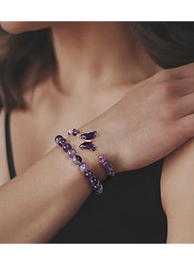 Natural Stones Moonstone Amethyst Crystal - Blessing Bracelet, Bringing Good Luck, Health, Courage and Strength,Lovers Butterfly Amethyst Bracelet, Folding Strap, Gifts for Men and Women 2PCS - Image 4