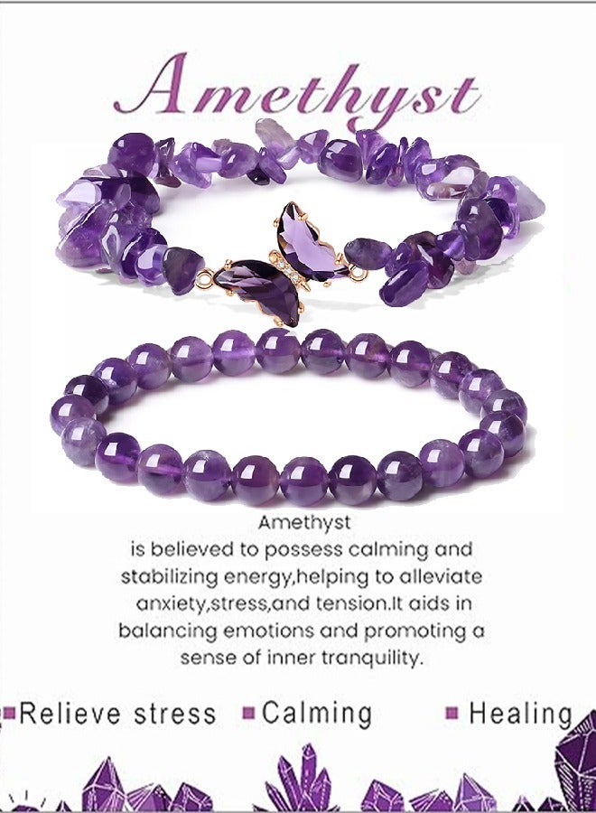 Natural Stones Moonstone Amethyst Crystal - Blessing Bracelet, Bringing Good Luck, Health, Courage and Strength,Lovers Butterfly Amethyst Bracelet, Folding Strap, Gifts for Men and Women 2PCS - Image 2