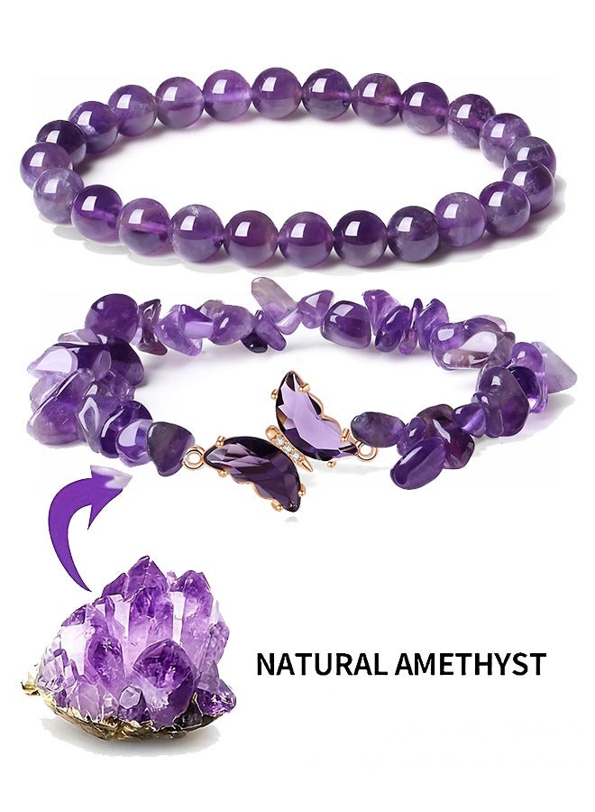 Natural Stones Moonstone Amethyst Crystal - Blessing Bracelet, Bringing Good Luck, Health, Courage and Strength,Lovers Butterfly Amethyst Bracelet, Folding Strap, Gifts for Men and Women 2PCS - Image 1