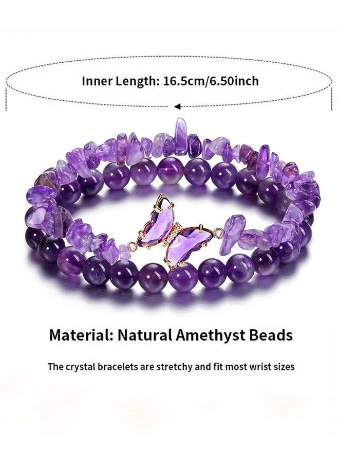 Natural Stones Moonstone Amethyst Crystal - Blessing Bracelet, Bringing Good Luck, Health, Courage and Strength,Lovers Butterfly Amethyst Bracelet, Folding Strap, Gifts for Men and Women 2PCS - Image 5