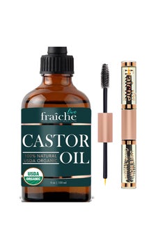 Live Fraiche Live Fraiche Organic Castor Oil (4oz) + Filled Mascara Tube, 100% USDA Pure, Cold Pressed, Hexane Free Lash Serum Hair Growth Oil for Eyelashes, Eyebrows, Hair - Brow and Hair Treatment Oil  - Image 1