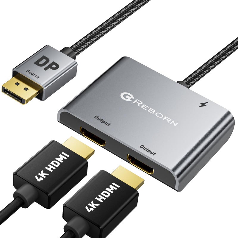 Reborn DisplayPort to Dual HDMI Adapter 4K@60Hz Display Port to HDMI 1 in 2 Out Splitter for Dual Monitor Extended Display, DP Source Adapter with PC, Graphics Card, HP and More - Image 1