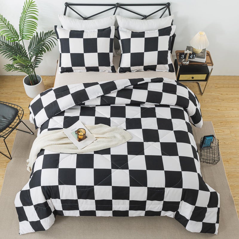 Caressma Black White Comforter Set Twin Size, Checkered Plaid Comforter Bedding Set, Fluffy Grid Plaid Comforter Home Decor for All Seasons - Image 2