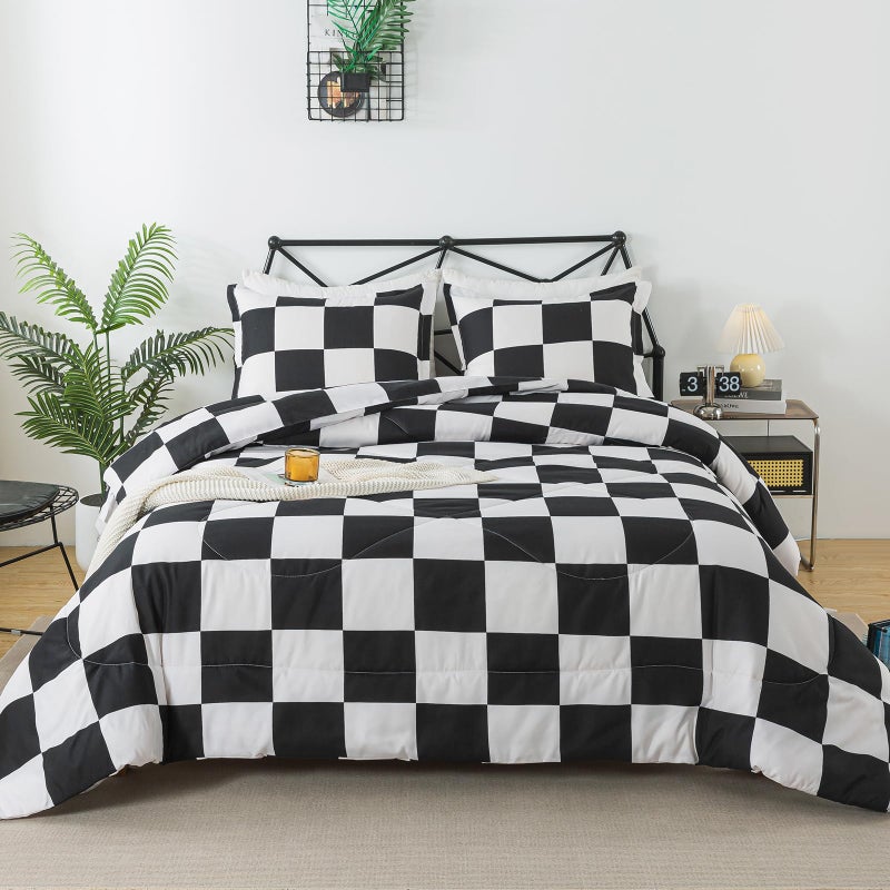 Caressma Black White Comforter Set Twin Size, Checkered Plaid Comforter Bedding Set, Fluffy Grid Plaid Comforter Home Decor for All Seasons - Image 1