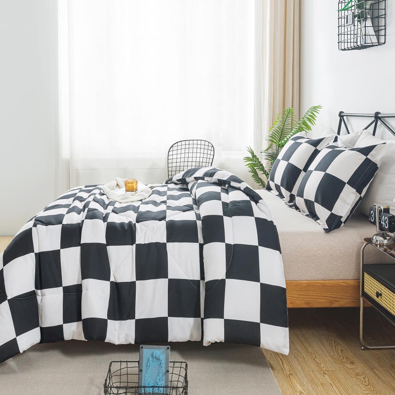 Caressma Black White Comforter Set Twin Size, Checkered Plaid Comforter Bedding Set, Fluffy Grid Plaid Comforter Home Decor for All Seasons - Image 4