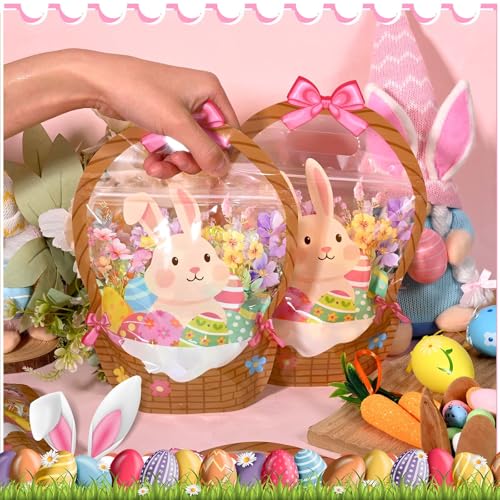 Sanixin 50 Pcs Easter Gift Bags Transparent Bunny Treat Bags with Handles Easter Bunny Goodie Bags for Easter Spring Party Candy Wrapping Supplies Decoration - Image 5