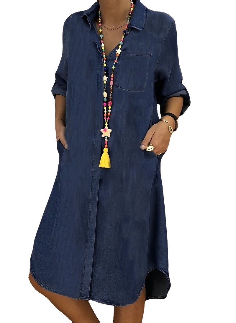 ريوكل فساتين قميص جينز نسائية بأكمام طويلة وفستان جينز بأزرار وقميص كاجوال وفستان جينز فضفاض من قماش بيبي دول - Image 2