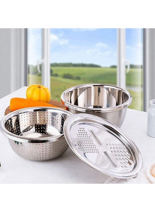 Modinity 3 in 1 Stainless Steel Drain Basket Vegetable Cutter Cheese Grater Vegetable Fruit Rice Food Washing Bowl Strainer. (Set of 1)(Color:Silver) - Image 4