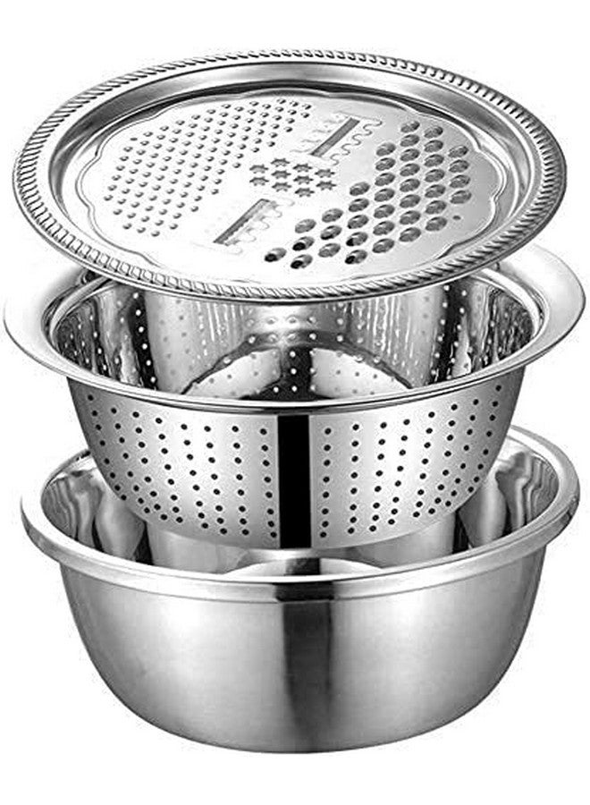 Modinity 3 in 1 Stainless Steel Drain Basket Vegetable Cutter Cheese Grater Vegetable Fruit Rice Food Washing Bowl Strainer. (Set of 1)(Color:Silver) - Image 1