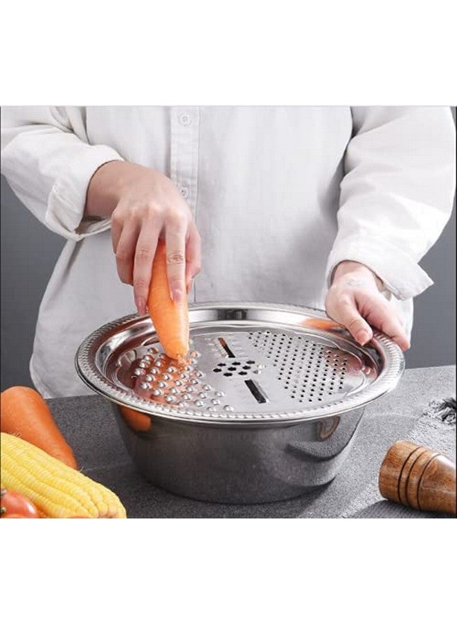 Modinity 3 in 1 Stainless Steel Drain Basket Vegetable Cutter Cheese Grater Vegetable Fruit Rice Food Washing Bowl Strainer. (Set of 1)(Color:Silver) - Image 3