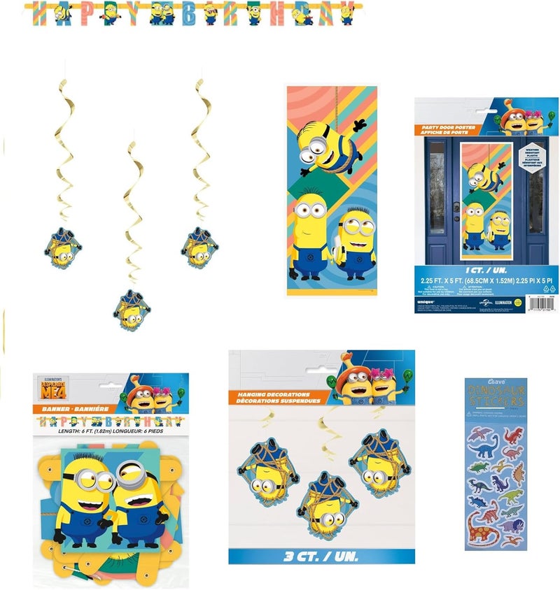 Unique Despicable Me Birthday Party Supplies Bundle includes 1 Happy Birthday Banner 1 Plastic Door Poster 3 Hanging Swirl Decorations 1 Dinosaur Sticker Sheet - Image 1