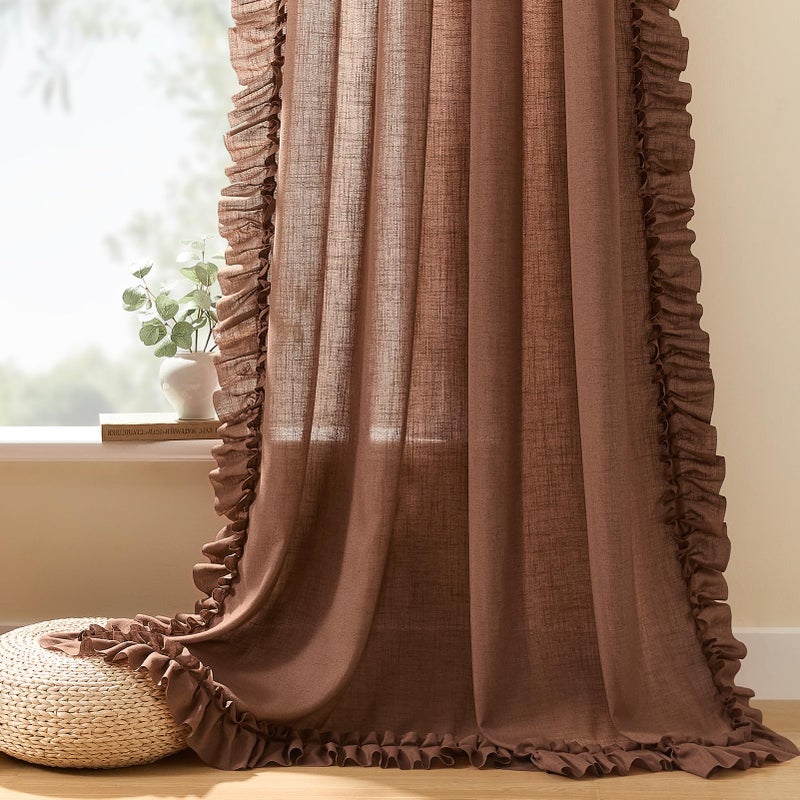 TERLYTEX Dark Terracotta Curtains 84 Inches Long, 2 Panels, W47 x L84 Inch, Linen Textured Rust Colored Scalloped Farmhouse Curtains for Living Room, Rod Pocket Privacy Vintage Semi-Sheer Boho Ruffle Curtain - Image 5
