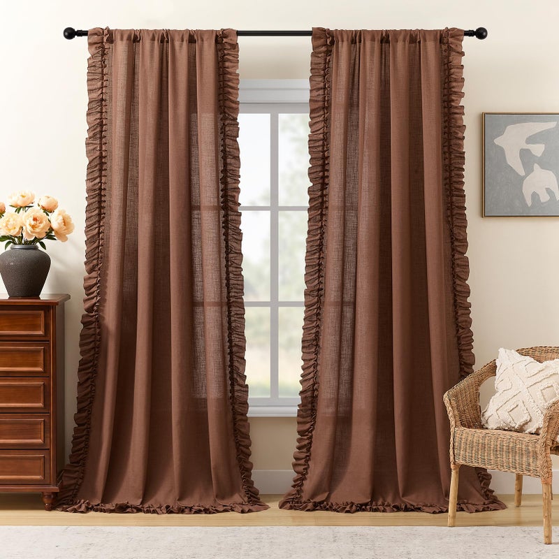 TERLYTEX Dark Terracotta Curtains 84 Inches Long, 2 Panels, W47 x L84 Inch, Linen Textured Rust Colored Scalloped Farmhouse Curtains for Living Room, Rod Pocket Privacy Vintage Semi-Sheer Boho Ruffle Curtain - Image 2