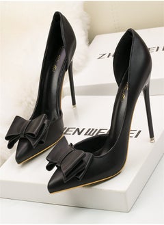 Eloshman Fashionable And Delicate, Sweet Bow, Shallow Mouthed Pointed Side Cut High Heels Black  - Image 3