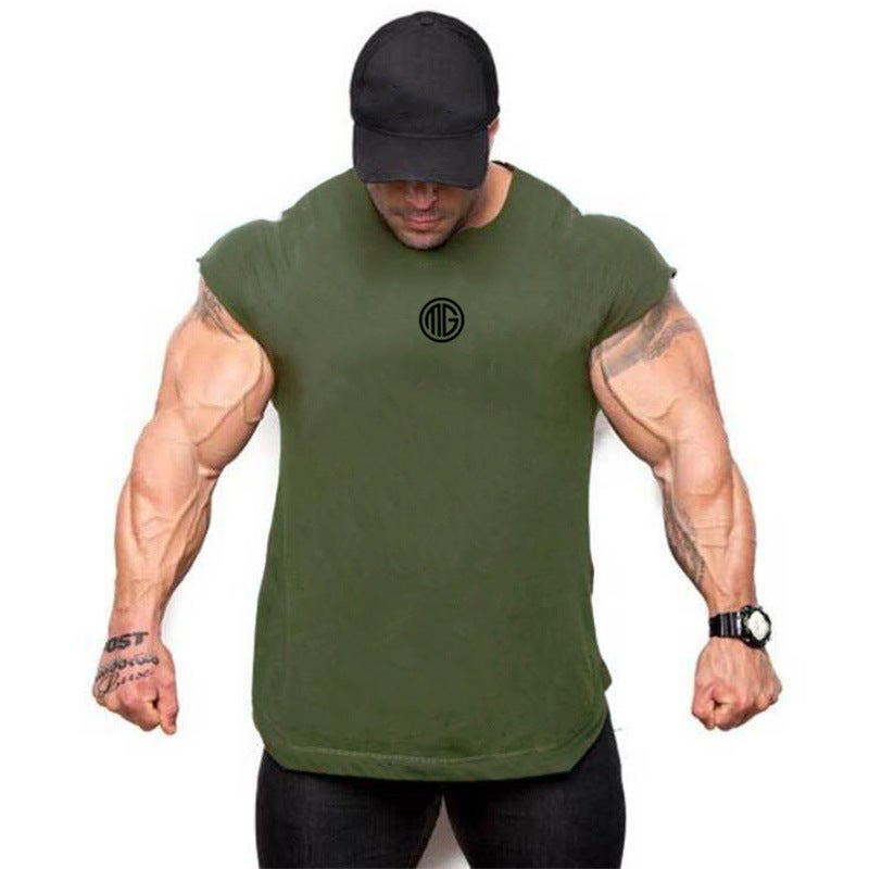 GYM sleeveless T-shirt sports waistcoat muscle mens pure cotton waistcoat running training thin top Army Green - Image 1