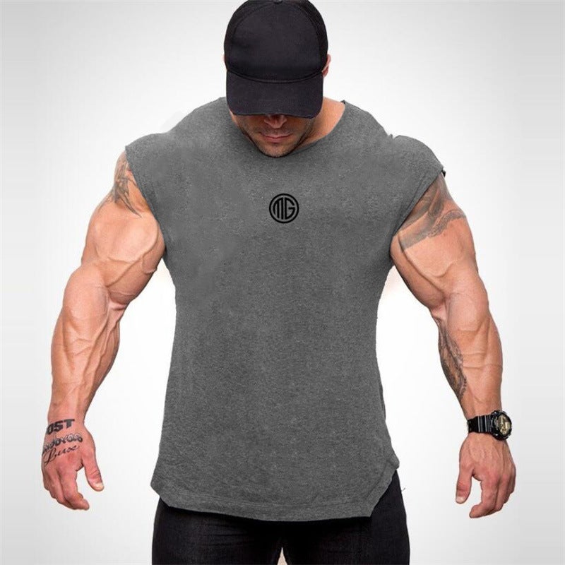 GYM sleeveless T-shirt sports waistcoat muscle mens pure cotton waistcoat running training thin top Army Green - Image 2