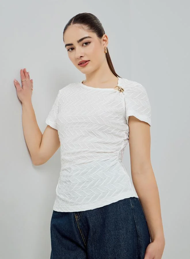 Styli White Embellished Textured Knit Top