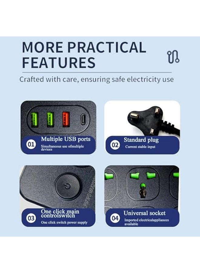 SUCITY 6-Outlet Extension Cable, Extension Lead with 4 USB, 2M Extension Cord Multi Plug Adapter Socket for Home Office - Image 3