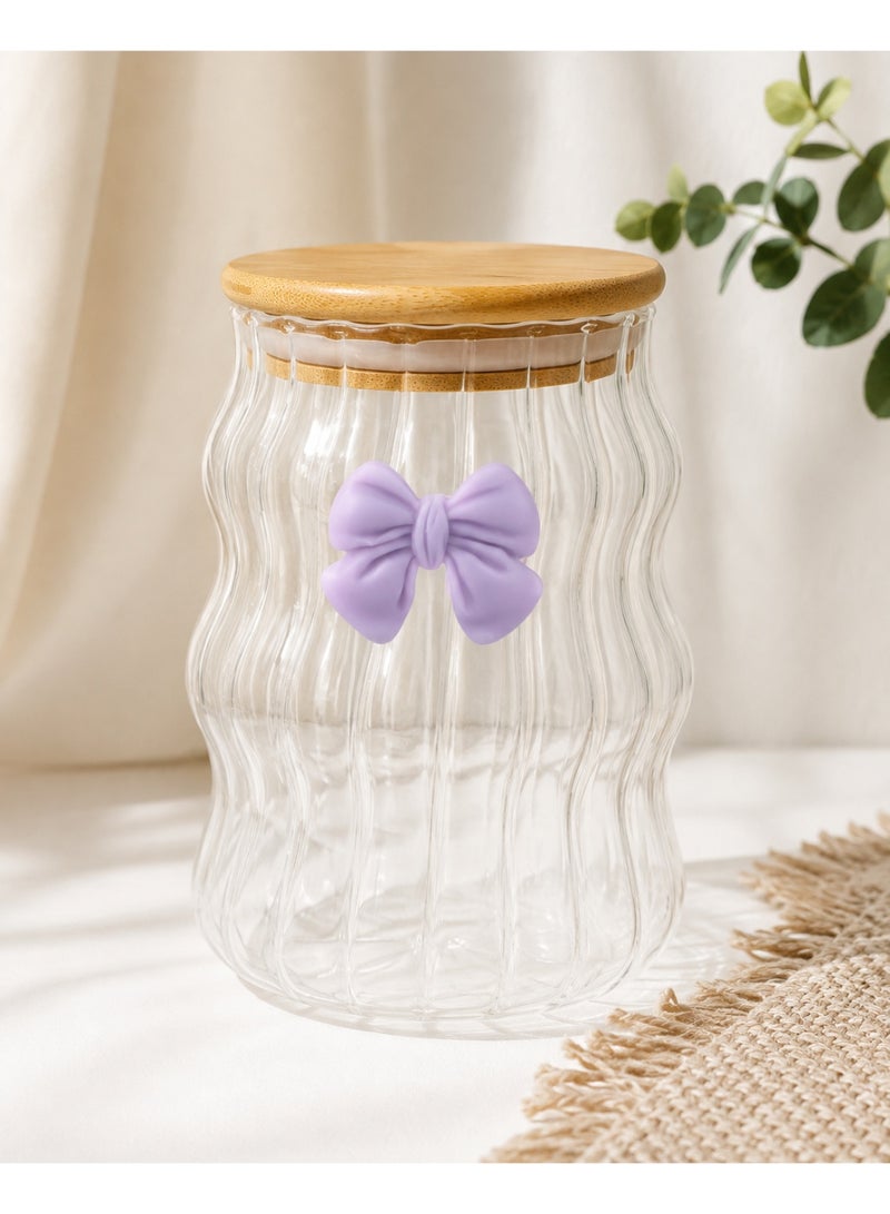 Heat-Resistant Ribbed Pyrex Glass Mug with Wooden Lid, Straw & Ribbon Bow Handle