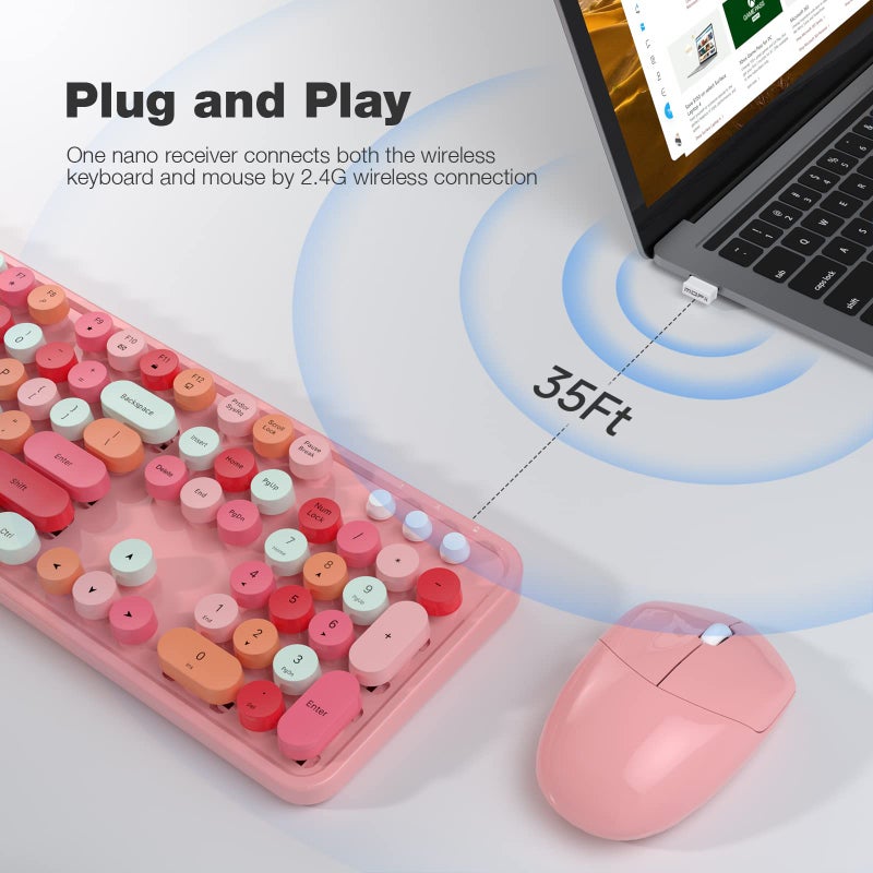 MOWUX Wireless Keyboard and Mouse Combo, MOWUX Colorful Computer Full Size 2.4G Plug and Play Wireless Typewriter Keyboard and Mouse Set for Windows, Computer, Desktop, PC, Notebook (Pink Colorful) - Image 2