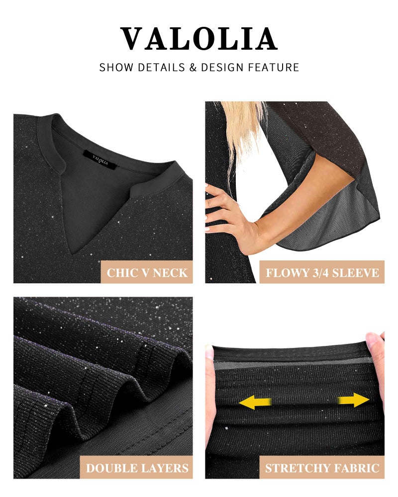 VALOLIA Sequin Tops For Women: 2026 Trendy Loose Fit - Dress Shirts For Women - Fancy Tops For Womens 3/4 Sleeve Dressy V Neck Plus Size Womens Clothing Fall Sparkly Black XL - Image 5