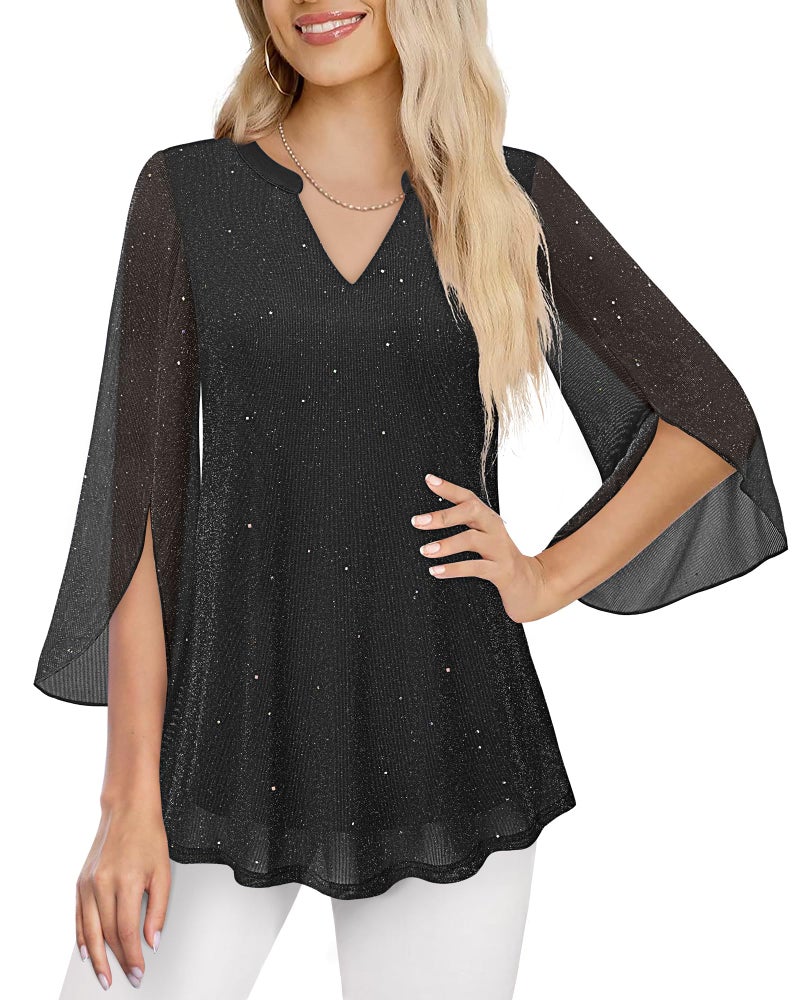 VALOLIA Sequin Tops For Women: 2026 Trendy Loose Fit - Dress Shirts For Women - Fancy Tops For Womens 3/4 Sleeve Dressy V Neck Plus Size Womens Clothing Fall Sparkly Black XL - Image 2