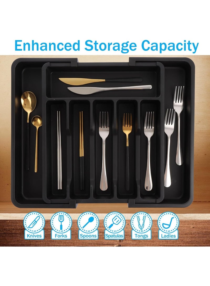 ديوتي منظم أدراج المطبخ القابل للتوسيع، منظم أدوات مائدة بلاستيكي قابل للطي مع مشبك، صينية أدوات المائدة وأدوات المائدة لتخزين أدوات المائدة والملاعق والشوك والسكاكين - Image 3