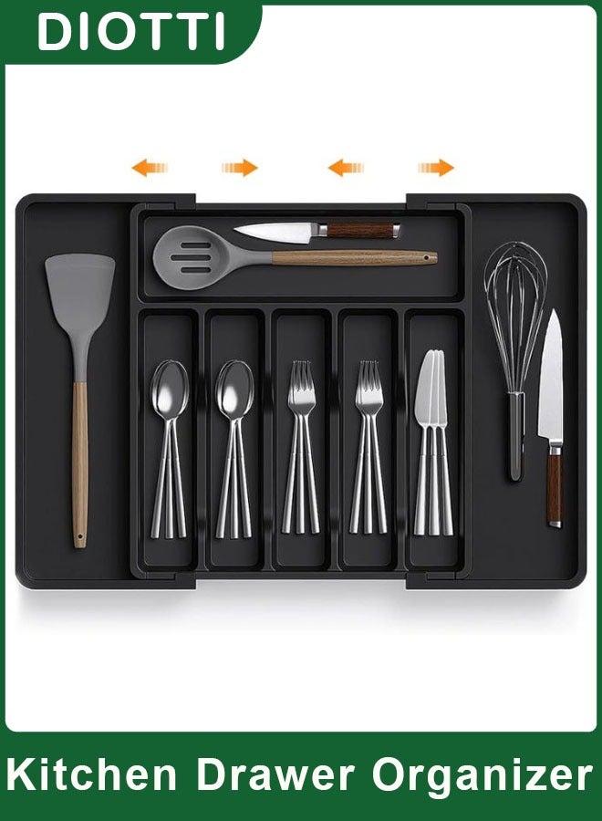 ديوتي منظم أدراج المطبخ القابل للتوسيع، منظم أدوات مائدة بلاستيكي قابل للطي مع مشبك، صينية أدوات المائدة وأدوات المائدة لتخزين أدوات المائدة والملاعق والشوك والسكاكين - Image 1