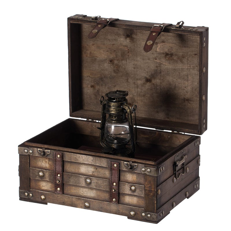 vintiquewise Vintiquewise Wooden Brown Storage Trunk with Faux Leather Straps and Handles Small