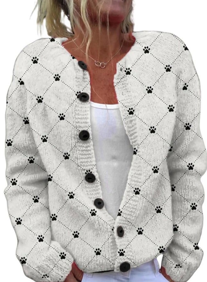 Beopjesk Women's Funny Fall Winter Animal Floral Christmas Tree Long Sleeve Button Knit Cardigan Sweater, P-white, XL - Image 1