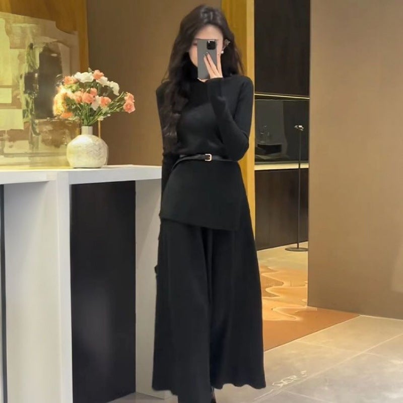 ZZ Sense Knitted Sweater dress Childrens Autumn and Winter 2025 New Small Fragrance Inner Wear suit Wear a Complete Set Black suit (with belt)
