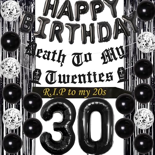 Funmemoir 30th Birthday Decorations for Him Her Black Death to My Twenties Banner Rip to My 20s Sash Number 30 Happy Birthday Balloon Banner Foil Curtain for Funny Thirtieth Party Supplies - Image 1