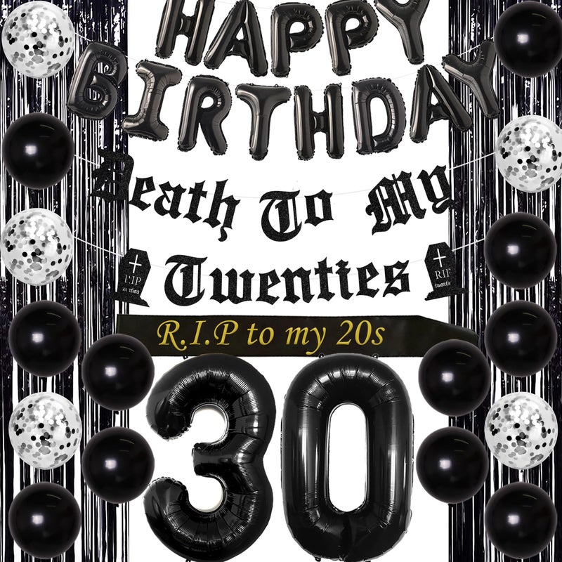 Funmemoir 30th Birthday Decorations for Him Her Black Death to My Twenties Banner Rip to My 20s Sash Number 30 Happy Birthday Balloon Banner Foil Curtain for Funny Thirtieth Party Supplies - Image 2