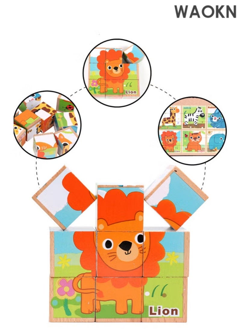 دبليو أيه أو كي أن أحجية بناء خشبية للأطفال مكونة من 9 مكعبات ذات ستة جوانب - Image 5