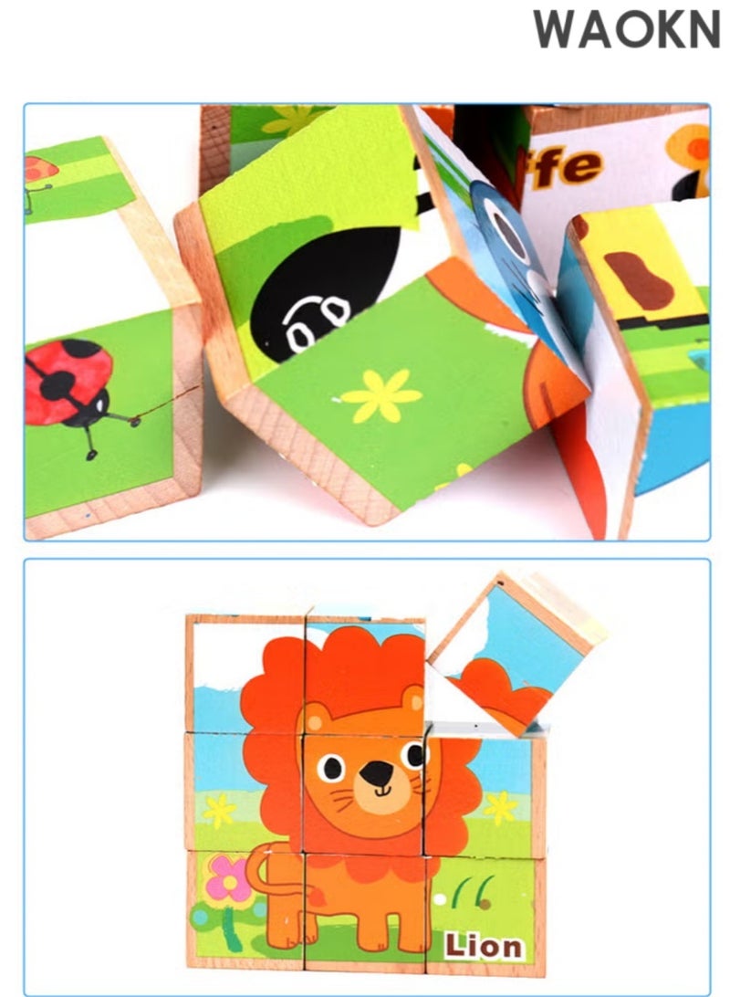 دبليو أيه أو كي أن أحجية بناء خشبية للأطفال مكونة من 9 مكعبات ذات ستة جوانب - Image 2