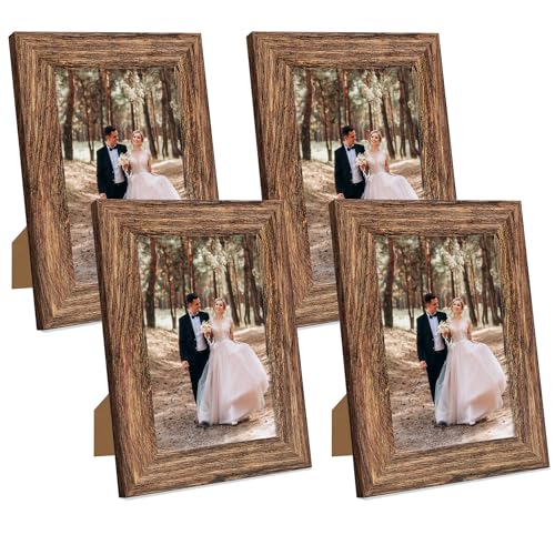 iRahmen 5x7 Picture Frame Set of 4, High Definition Glass Brown Frame, 5 x 7 Wood Rustic Photo Frames for Horizontal or Vertical Table Top and Wall Mounting - Image 1