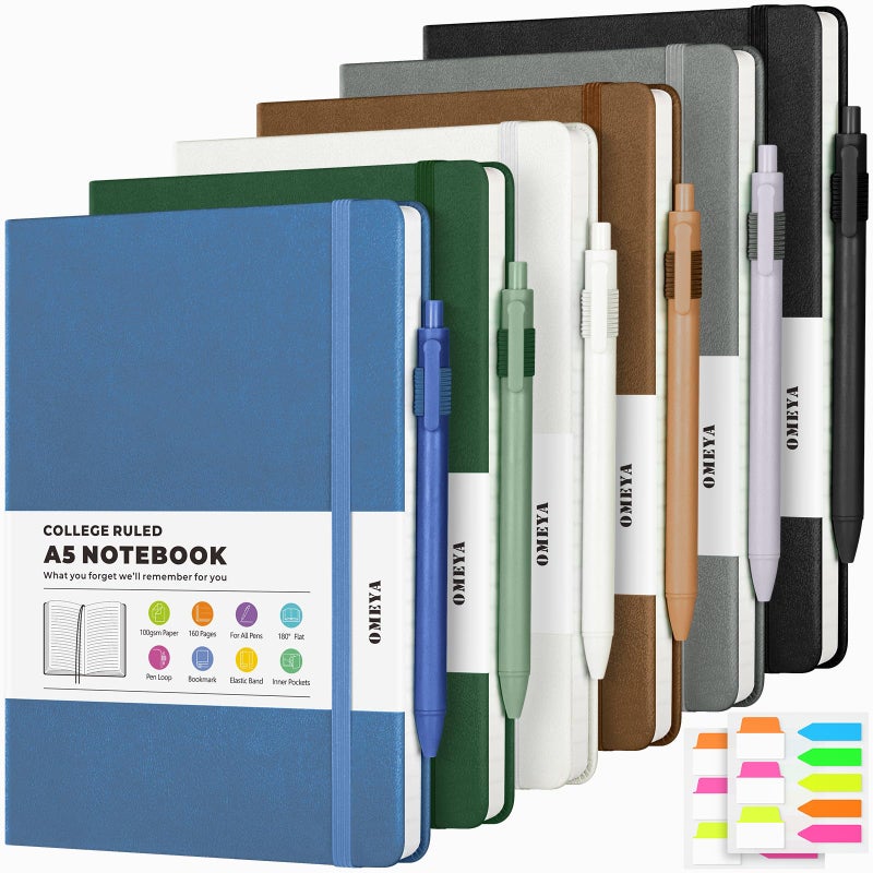 OMEYA 6 Pack Journal Notebooks for Work with 6 Pens, A5 Hardcover Notebookï¼ŒBusiness Notebooks Bulk, College Ruled Notebook for Men, Leather Journal for Writing, 160 Pages, 100GSM Thick Paper (5.7" x 8.3") - Image 1
