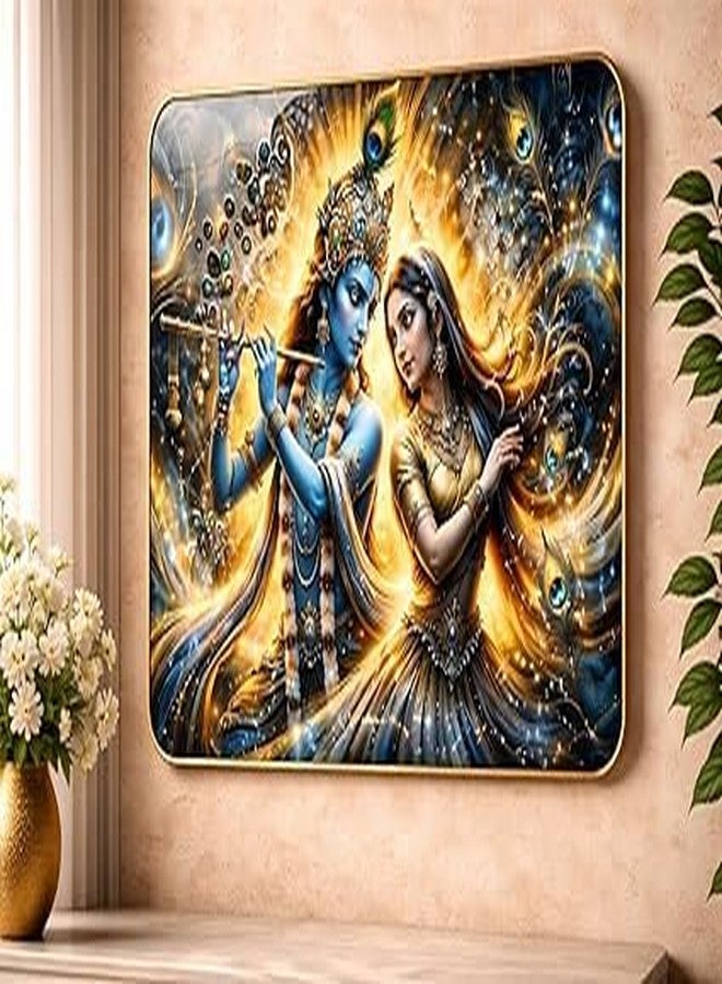 BLESSING DECOR(14 x18 Inch) Radha Krishna Wall Scenery with Golden frame | Lord Krishna with Radha Canvas Painting | Hindu Spiritual Religious Home Decor Artwork | Traditional Indian Wall Hanging for Pooja Room Gift (Chevron) - Image 1