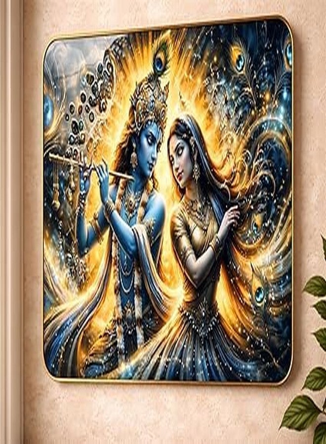 BLESSING DECOR(14 x18 Inch) Radha Krishna Wall Scenery with Golden frame | Lord Krishna with Radha Canvas Painting | Hindu Spiritual Religious Home Decor Artwork | Traditional Indian Wall Hanging for Pooja Room Gift (Chevron) - Image 4