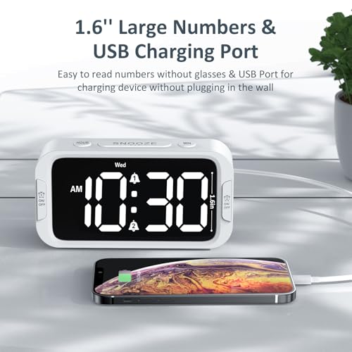 Odokee Digital Dual Alarm Clock for Bedroom, Easy to Set, 0-100% Dimmer, USB Charger, 5 Sound Adjustable Volume, Weekday/Weekend Mode, Snooze, 12/24Hr, Battery Backup, Compact Clock for Bedside(White) - Image 5