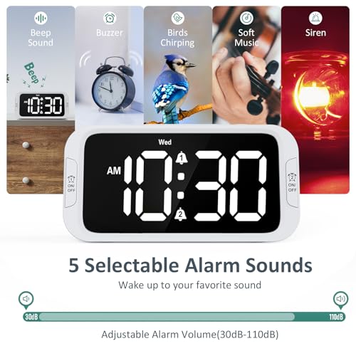 Odokee Digital Dual Alarm Clock for Bedroom, Easy to Set, 0-100% Dimmer, USB Charger, 5 Sound Adjustable Volume, Weekday/Weekend Mode, Snooze, 12/24Hr, Battery Backup, Compact Clock for Bedside(White) - Image 4