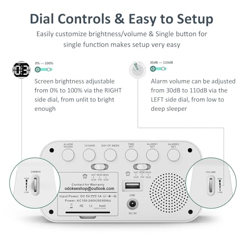 Odokee Digital Dual Alarm Clock for Bedroom, Easy to Set, 0-100% Dimmer, USB Charger, 5 Sound Adjustable Volume, Weekday/Weekend Mode, Snooze, 12/24Hr, Battery Backup, Compact Clock for Bedside(White) - Image 2