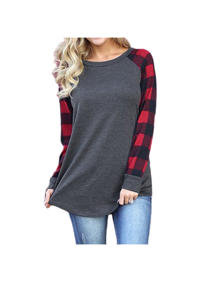 Women's Checkered Base Coat Crew Neck Shoulder Long Sleeve T-shirt Women's Direct