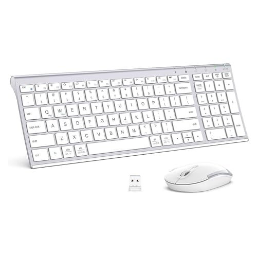 iClever Wireless Keyboard & Mouse Combo GK03-2.4G Portable Wireless Keyboard Mouse with Rechargeable Battery, Ergonomic Design, Full Size, Slim & Thin, Stable Connection, Adjustable DPI, Silver/White - Image 1