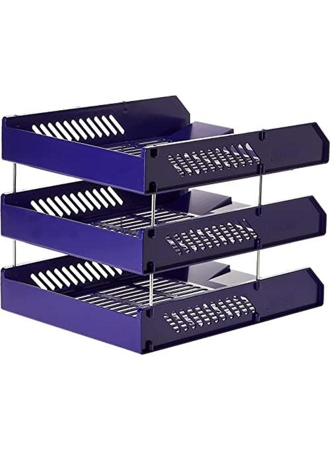 Maxi 3 Layers Plastic Document Tray Blue Front Load Plastic Desktop File Organizer - Image 3