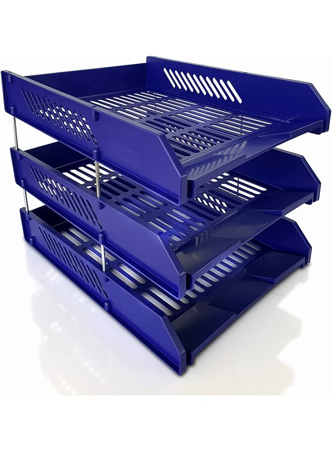 Maxi 3 Layers Plastic Document Tray Blue Front Load Plastic Desktop File Organizer - Image 1