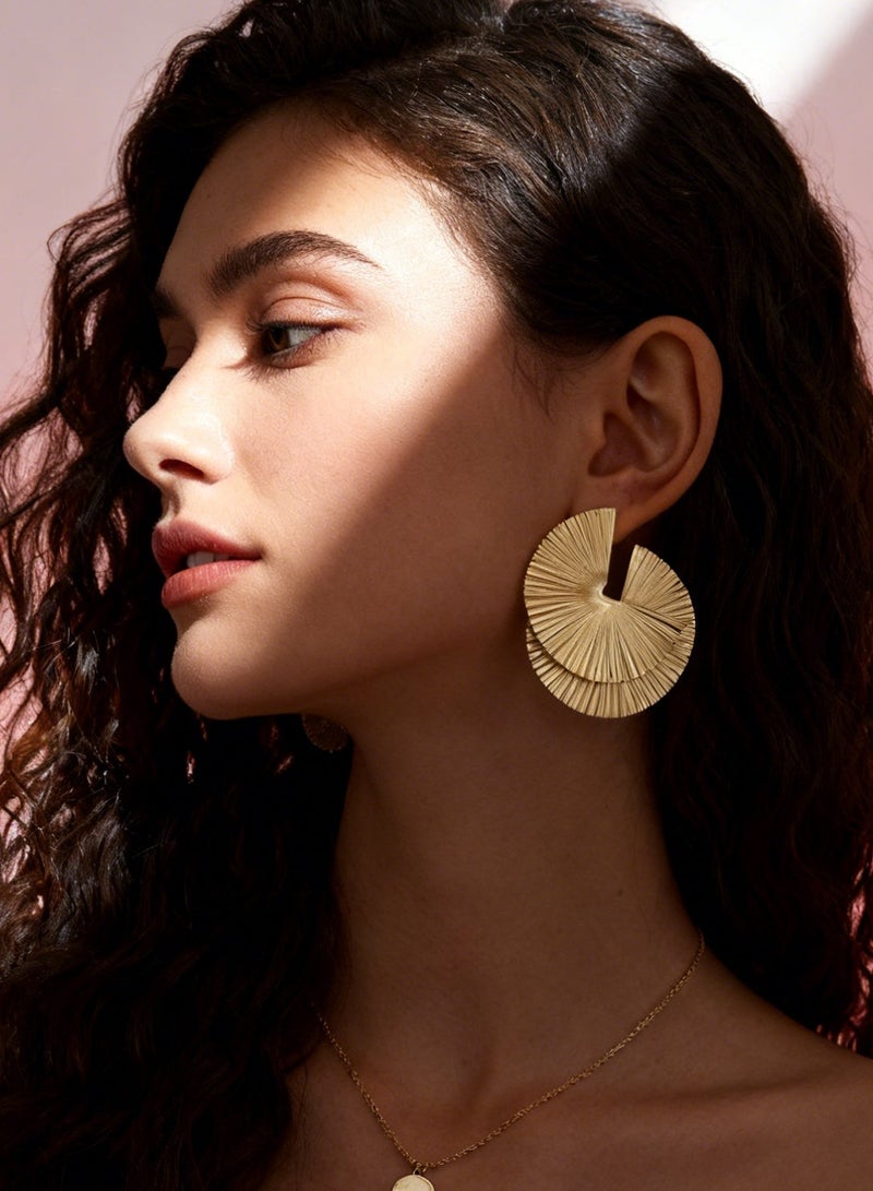 Statement Earrings for Women, Bold Spiral Fan Layered Metallic Design, Hypoallergenic Posts, Glamorous Party Jewelry for Evening Events, Weddings and Special Occasions - Image 3