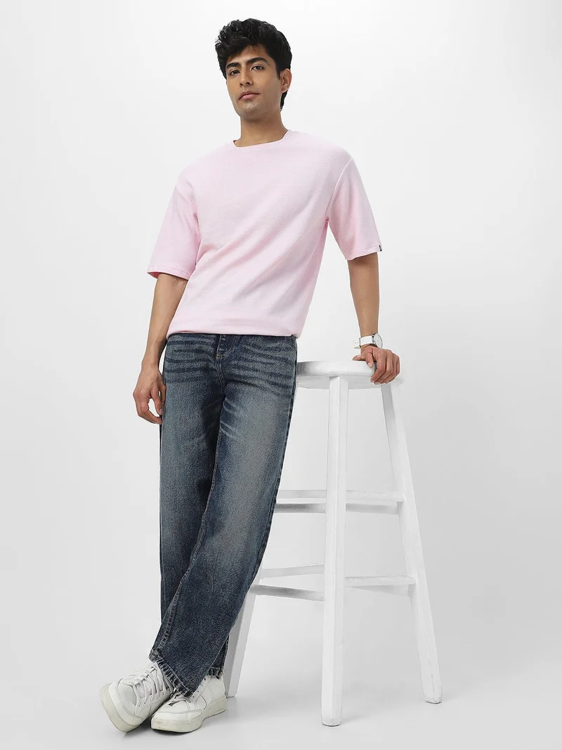 Urbano Fashion  Urbano Fashion Men's Lavender Textured Round Neck Oversized Half Sleeve Cotton T-Shirt  | Best Price UAE